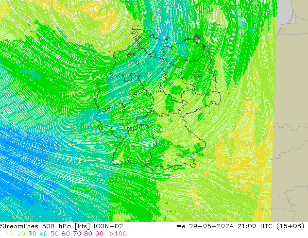 Streamlines 500 hPa ICON-D2 We 29.05.2024 21 UTC