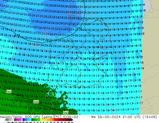 Height/Temp. 500 hPa ICON-D2 śro. 29.05.2024 21 UTC