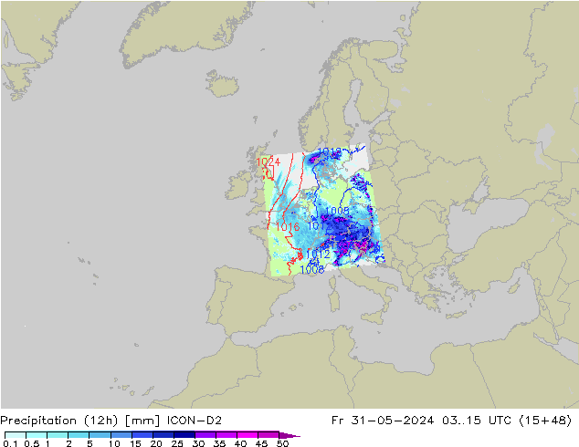 Precipitation (12h) ICON-D2 Fr 31.05.2024 15 UTC
