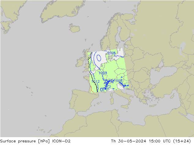 Surface pressure ICON-D2 Th 30.05.2024 15 UTC