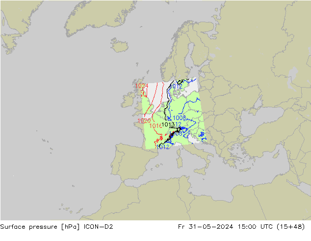 Luchtdruk (Grond) ICON-D2 vr 31.05.2024 15 UTC