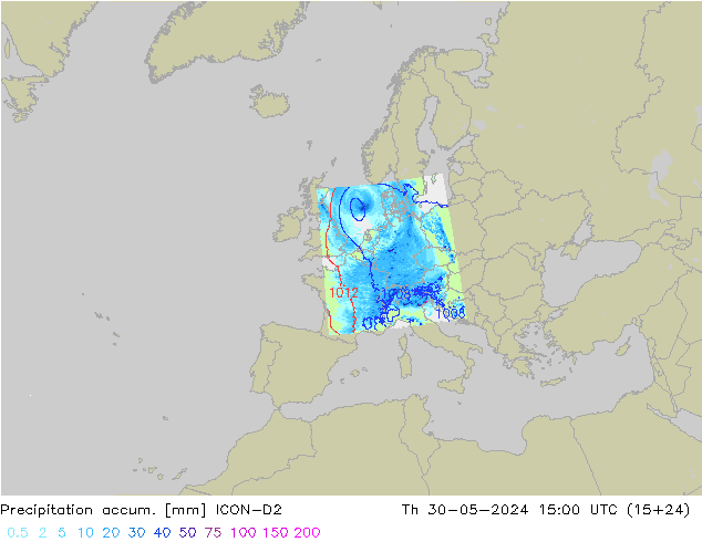 Precipitation accum. ICON-D2 czw. 30.05.2024 15 UTC