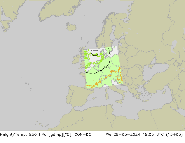 Height/Temp. 850 hPa ICON-D2 Qua 29.05.2024 18 UTC