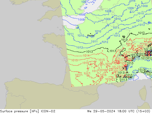 Pressione al suolo ICON-D2 mer 29.05.2024 18 UTC