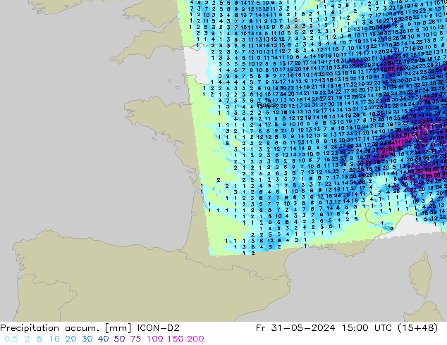Totale neerslag ICON-D2 vr 31.05.2024 15 UTC