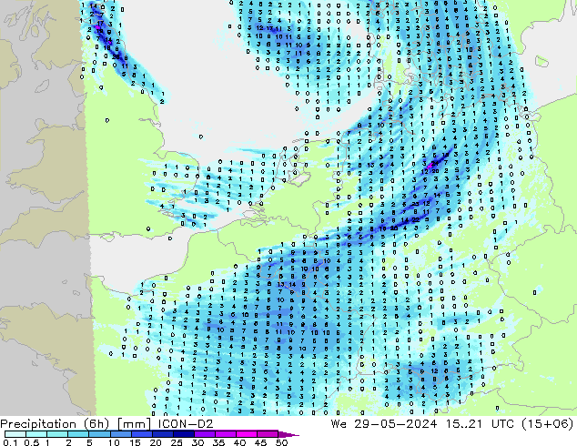 Precipitación (6h) ICON-D2 mié 29.05.2024 21 UTC