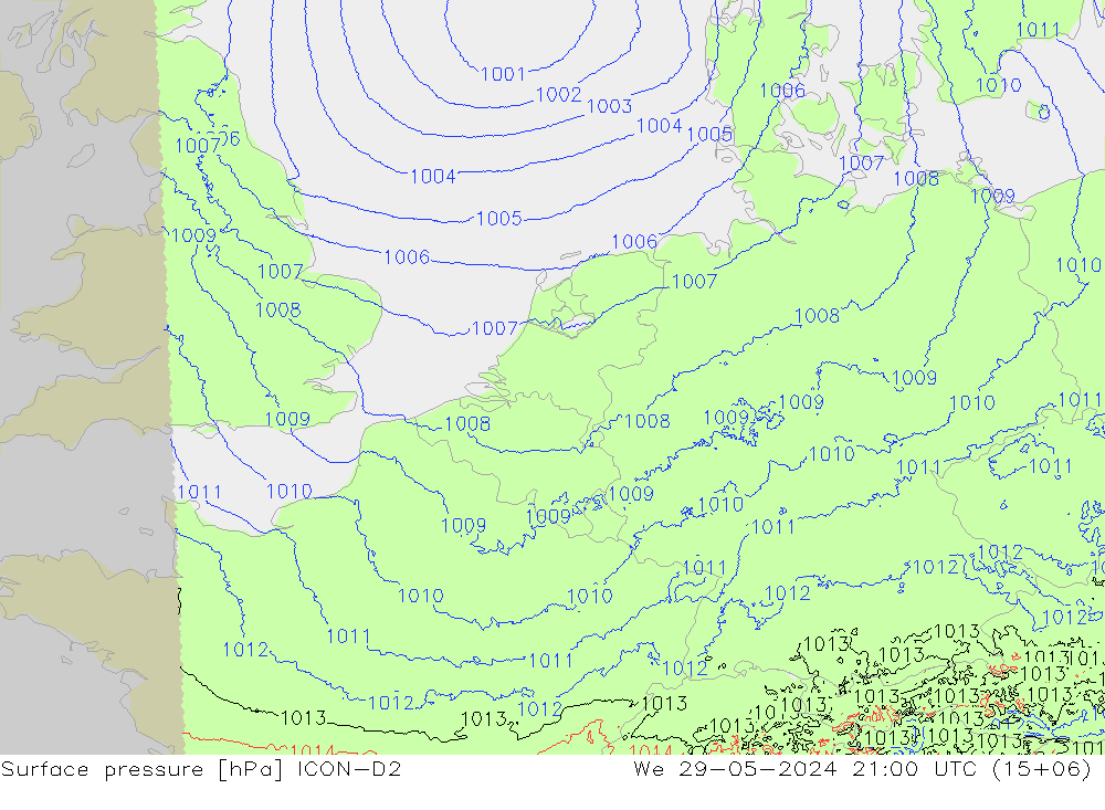 Pressione al suolo ICON-D2 mer 29.05.2024 21 UTC
