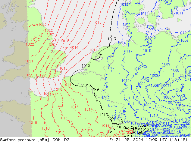 Luchtdruk (Grond) ICON-D2 vr 31.05.2024 12 UTC