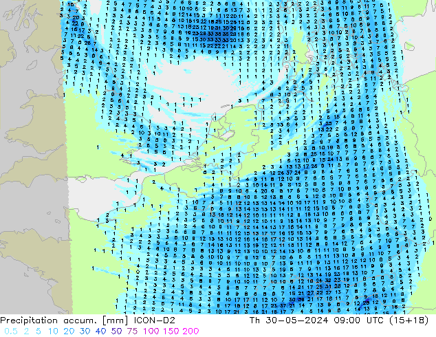 Precipitation accum. ICON-D2 czw. 30.05.2024 09 UTC