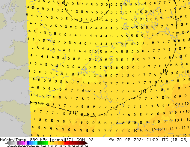 Height/Temp. 850 hPa ICON-D2 Mi 29.05.2024 21 UTC