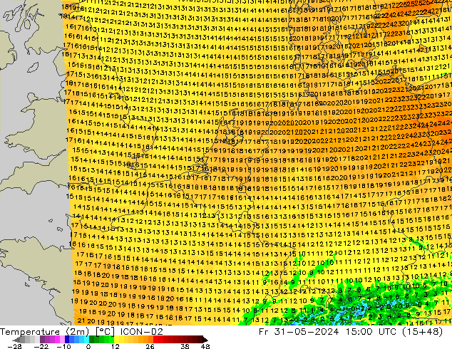 Sıcaklık Haritası (2m) ICON-D2 Cu 31.05.2024 15 UTC