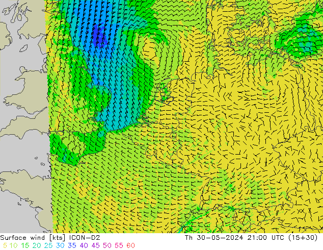 wiatr 10 m ICON-D2 czw. 30.05.2024 21 UTC