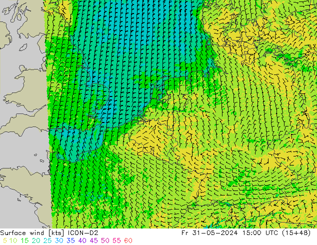 Surface wind ICON-D2 Fr 31.05.2024 15 UTC