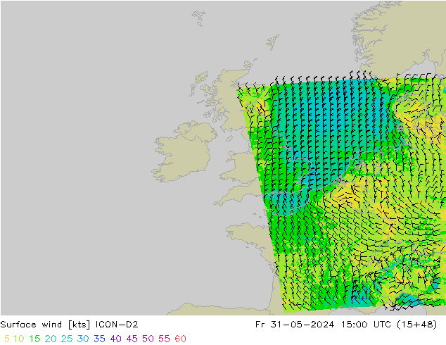 Surface wind ICON-D2 Fr 31.05.2024 15 UTC