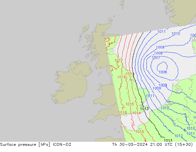 Presión superficial ICON-D2 jue 30.05.2024 21 UTC