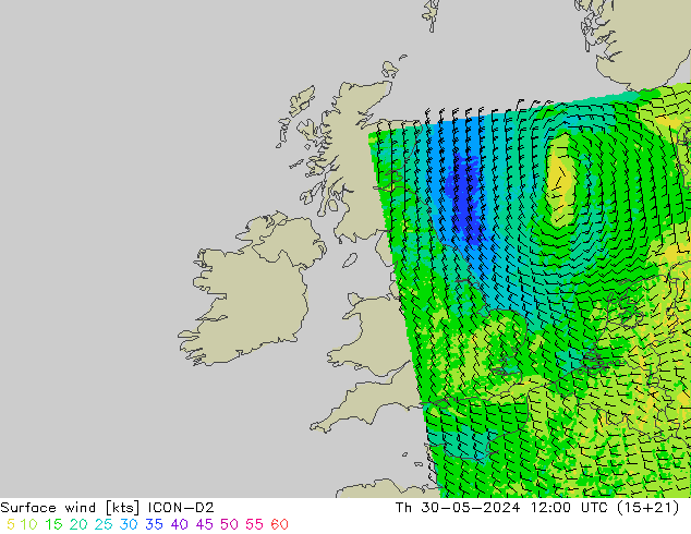 Viento 10 m ICON-D2 jue 30.05.2024 12 UTC