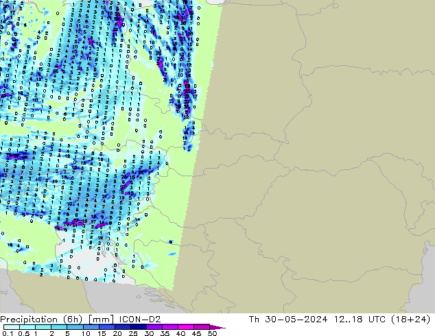 Precipitación (6h) ICON-D2 jue 30.05.2024 18 UTC