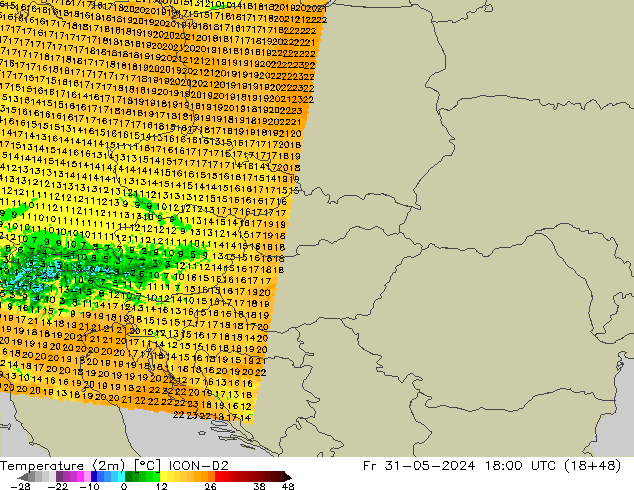 mapa temperatury (2m) ICON-D2 pt. 31.05.2024 18 UTC
