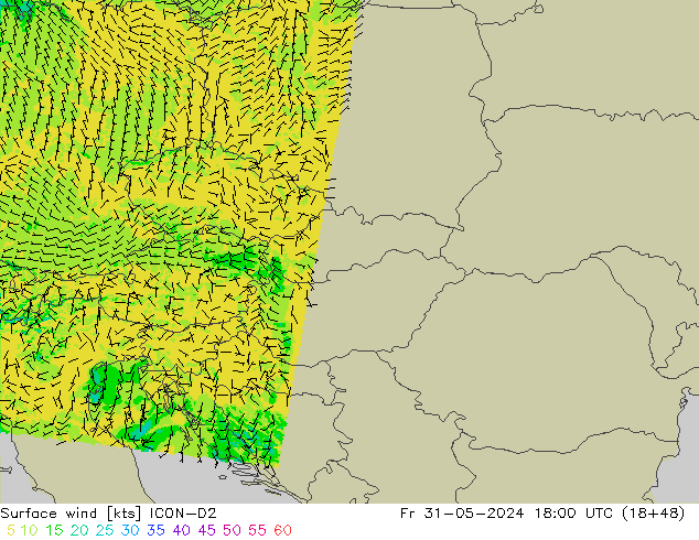 Surface wind ICON-D2 Fr 31.05.2024 18 UTC