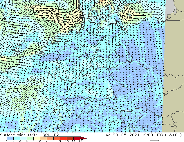 Surface wind (bft) ICON-D2 We 29.05.2024 19 UTC