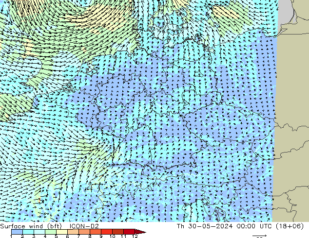 Surface wind (bft) ICON-D2 Th 30.05.2024 00 UTC