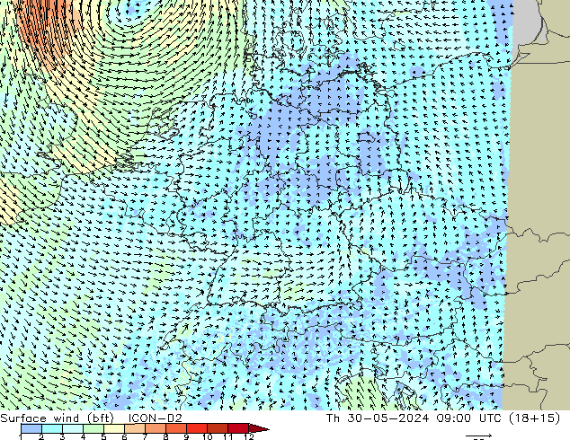 Rüzgar 10 m (bft) ICON-D2 Per 30.05.2024 09 UTC