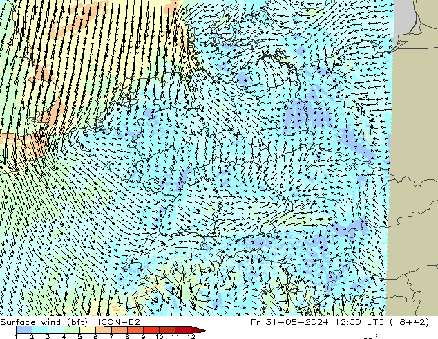 Wind 10 m (bft) ICON-D2 vr 31.05.2024 12 UTC