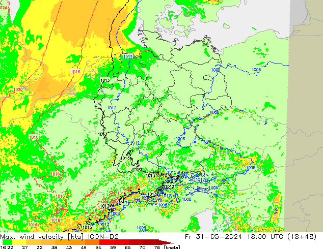 Max. wind velocity ICON-D2 Sex 31.05.2024 18 UTC