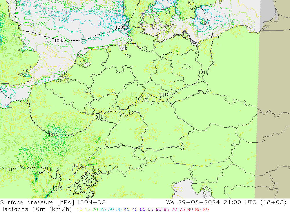 Isotachen (km/h) ICON-D2 wo 29.05.2024 21 UTC