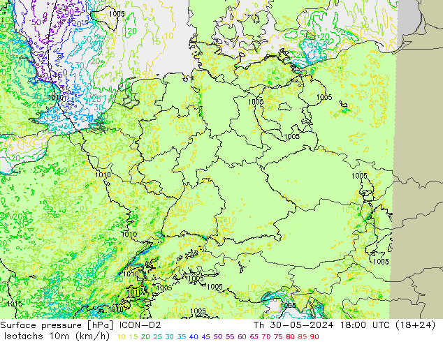 Isotachs (kph) ICON-D2 Th 30.05.2024 18 UTC