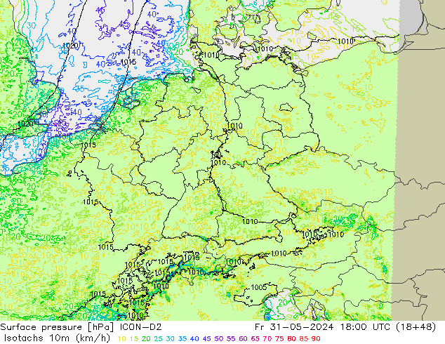 Isotachs (kph) ICON-D2 пт 31.05.2024 18 UTC