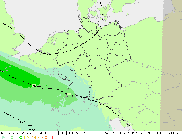 Corriente en chorro ICON-D2 mié 29.05.2024 21 UTC