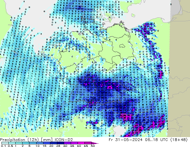 Precipitazione (12h) ICON-D2 ven 31.05.2024 18 UTC