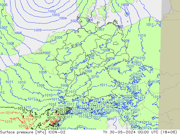 Atmosférický tlak ICON-D2 Čt 30.05.2024 00 UTC