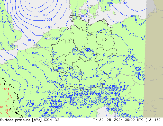 pressão do solo ICON-D2 Qui 30.05.2024 09 UTC