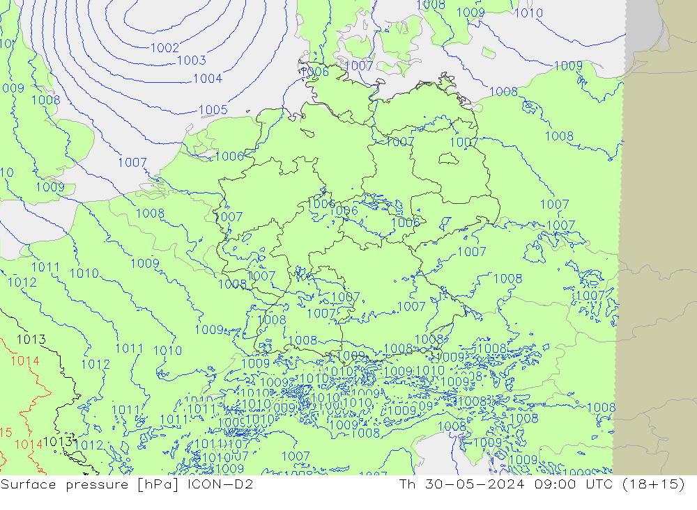 Surface pressure ICON-D2 Th 30.05.2024 09 UTC