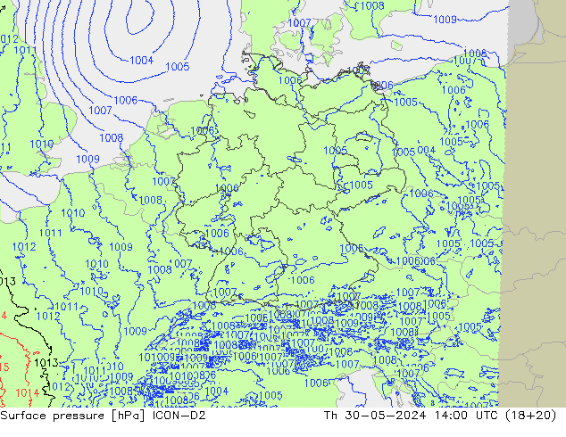 Atmosférický tlak ICON-D2 Čt 30.05.2024 14 UTC