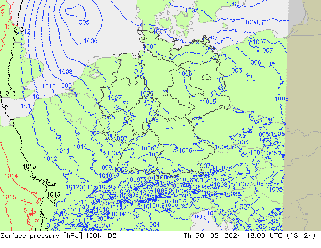 Atmosférický tlak ICON-D2 Čt 30.05.2024 18 UTC