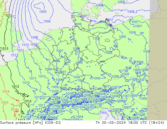 Pressione al suolo ICON-D2 gio 30.05.2024 18 UTC