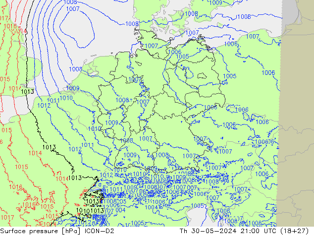 Pressione al suolo ICON-D2 gio 30.05.2024 21 UTC