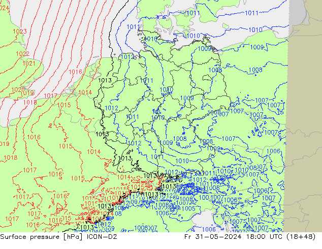 Atmosférický tlak ICON-D2 Pá 31.05.2024 18 UTC