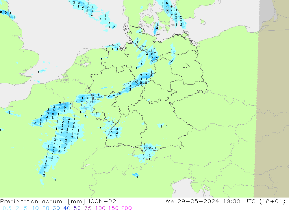 Totale neerslag ICON-D2 wo 29.05.2024 19 UTC