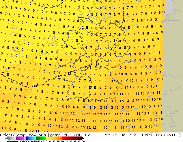 Height/Temp. 850 hPa ICON-D2 We 29.05.2024 19 UTC