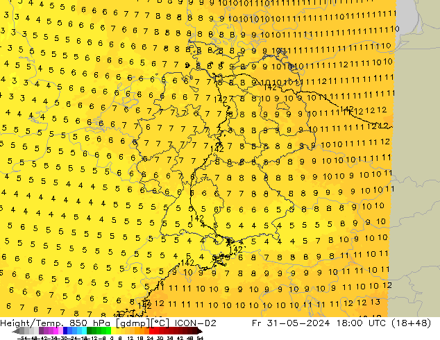 Height/Temp. 850 hPa ICON-D2 Pá 31.05.2024 18 UTC