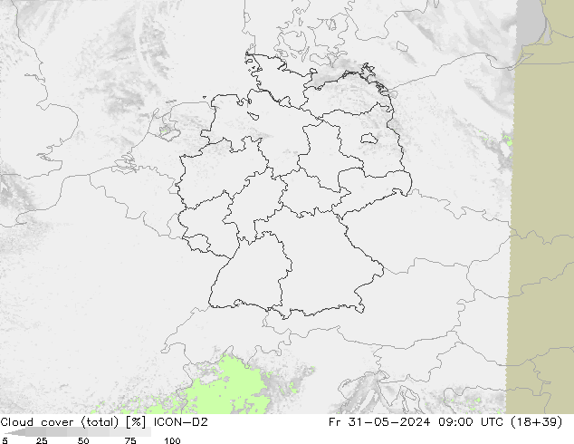 Cloud cover (total) ICON-D2 Fr 31.05.2024 09 UTC