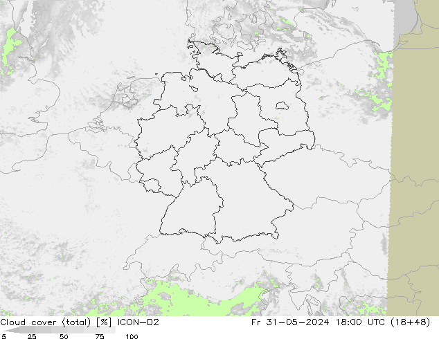 nuvens (total) ICON-D2 Sex 31.05.2024 18 UTC