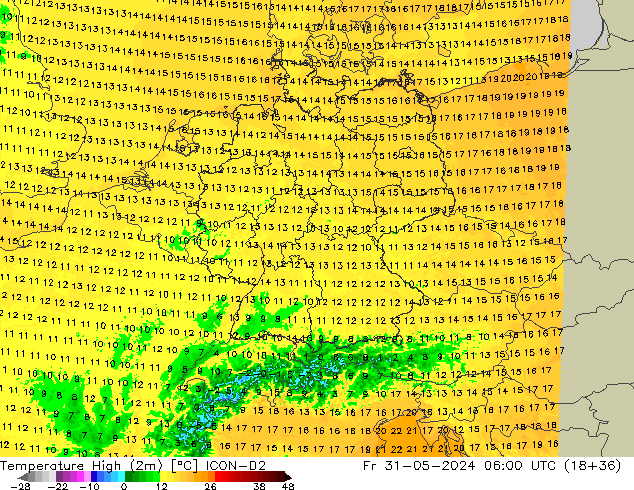 Max.temperatuur (2m) ICON-D2 vr 31.05.2024 06 UTC