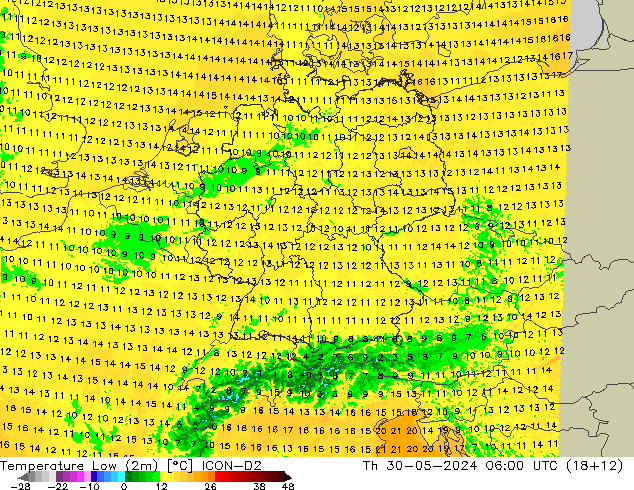Temp. minima (2m) ICON-D2 gio 30.05.2024 06 UTC