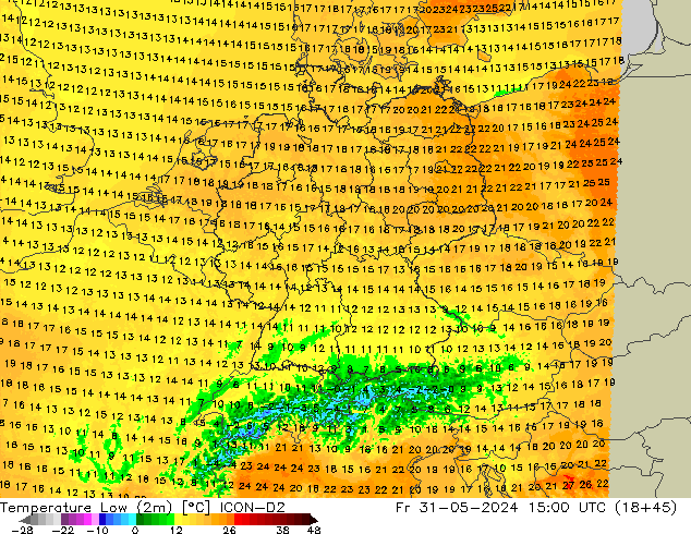 Temperature Low (2m) ICON-D2 Fr 31.05.2024 15 UTC