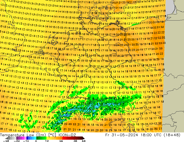 Temp. minima (2m) ICON-D2 ven 31.05.2024 18 UTC